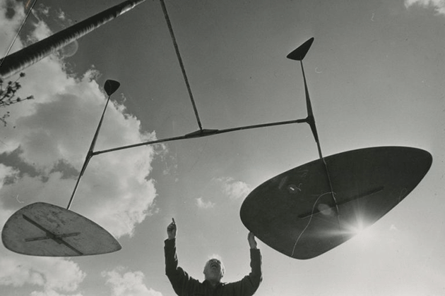 Alexander Calder with Quatre Lances, 1964, at Établissements Biémont, Tours, France, 1967. Photographed by Tony Vaccaro.
